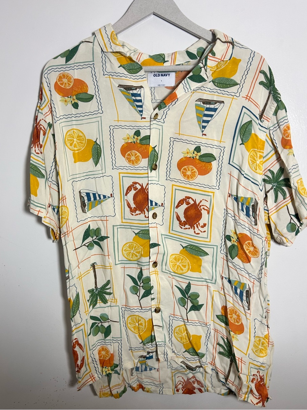 Old Navy Cream Short-Sleeve Button-Up Shirt with Yellow & Green Tropical Print